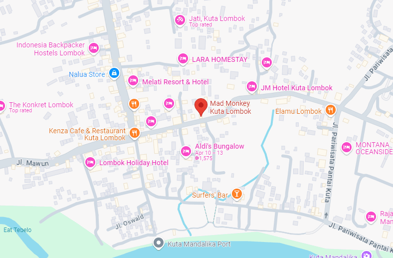 Map showing Mad Monkey Kuta Lombok, Jalan Pariwisata Pantai Kuta, Kuta, Central Lombok Regency, West Nusa Tenggara, Indonesia