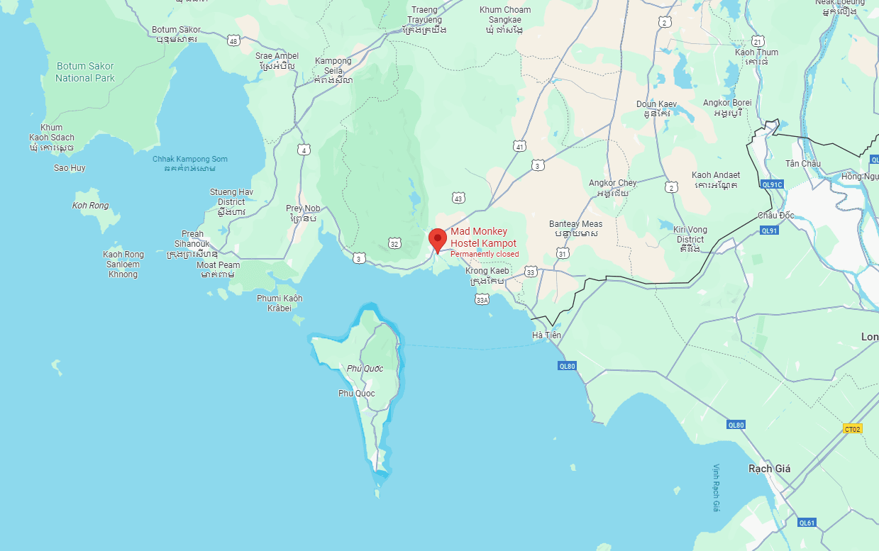 Map showing J52M+873, Riverside Road, Kampot, Cambodia